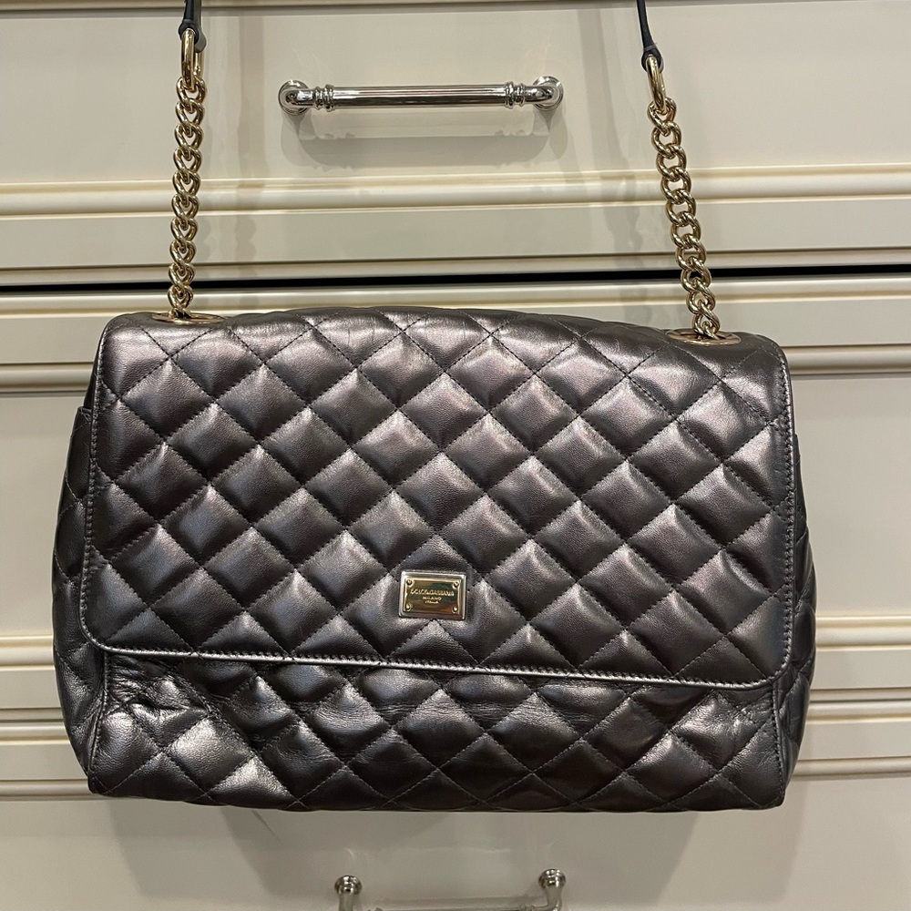 NEW Dolce Gabanna leather quilted Gray/metallic satchel.